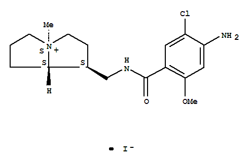 Molecular Structure of 183005-35-8 (1H-Pyrrolizinium,1-[[(4-amino-5-chloro-2-methoxybenzoyl)amino]methyl]hexahydro-4-methyl-,iodide, (1S,4S,7aS)- (9CI))