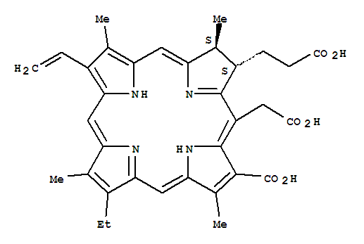 Molecular Structure of 19660-77-6 (21H,23H-Porphine-7-propanoicacid,3-carboxy-5-(carboxymethyl)-13-ethenyl-18-ethyl-7,8-dihydro-2,8,12,17-tetramethyl-,(7S,8S)-)