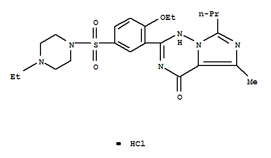 224785-91-5,Vardenafil hydrochloride,Piperazine,1-[[3-(1,4-dihydro-5-methyl-4-oxo-7-propylimidazo[5,1-f][1,2,4]triazin-2-yl)-4-ethoxyphenyl]sulfonyl]-4-ethyl-,monohydrochloride (9CI);Levitra;