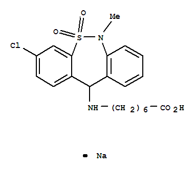 30123-17-2,Heptanoic acid,7-[(3-chloro-6,11-dihydro-6-methyl-5,5-dioxidodibenzo[c,f][1,2]thiazepin-11-yl)amino]-,sodium salt (1:1),Heptanoicacid, 7-[(3-chloro-6,11-dihydro-6-methyl-5,5-dioxidodibenzo[c,f][1,2]thiazepin-11-yl)amino]-,monosodium salt (9CI);Dibenzo[c,f][1,2]thiazepine, heptanoic acidderiv.;Sodium7-[(3-chloro-6,11-dihydro-6-methyldibenzo[c,f][1,2]thiazepin-11-yl)amino]heptanoateS,S-dioxide;Stablon;Tianeptine sodium;
