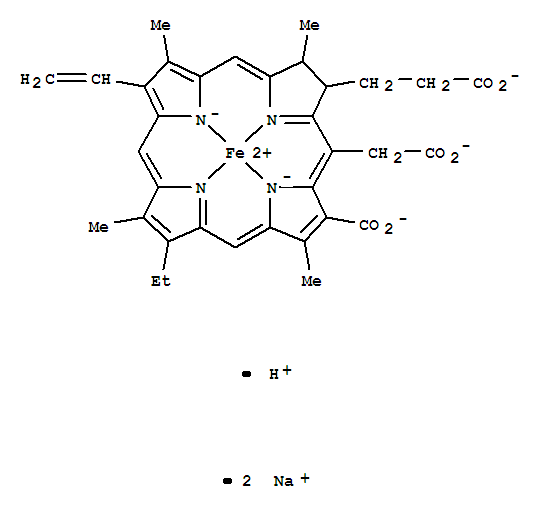 Ferrate(3-),[(7S,8S)-3-carboxy-5-(carboxymethyl)-13-ethenyl-18-ethyl-7,8-dihydro-2,8,12,17-tetramethyl-21H,23H-porphine-7-propanoato(5-)-kN21,kN22,kN23,kN24]-, sodium hydrogen (1:2:1),(SP-4-2)-