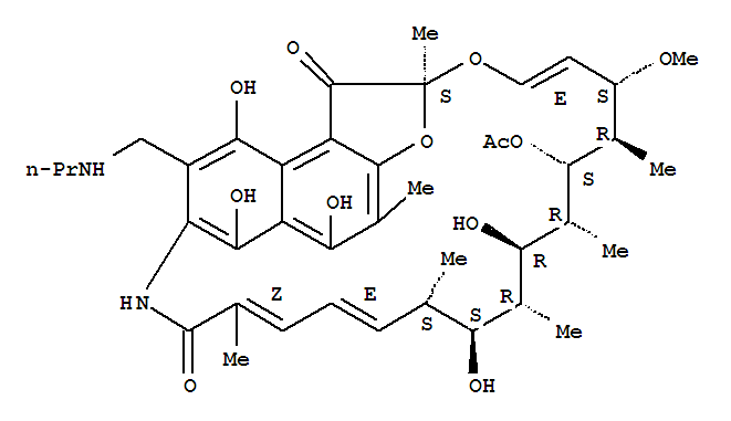 63624-39-5,(14E,24E)-5,6,9,17,19-pentahydroxy-23-methoxy-2,4,12,16,18,20,22-heptamethyl-1,11-dioxo-8-[(propylamino)methyl]-1,2-dihydro-2,7-(epoxypentadeca[1,11,13]trienoimino)naphtho[2,1-b]furan-21-yl acetate,2,7-(Epoxypentadeca[1,11,13]trienimino)naphtho[2,1-b]furan,rifamycin deriv.; NSC 262187
