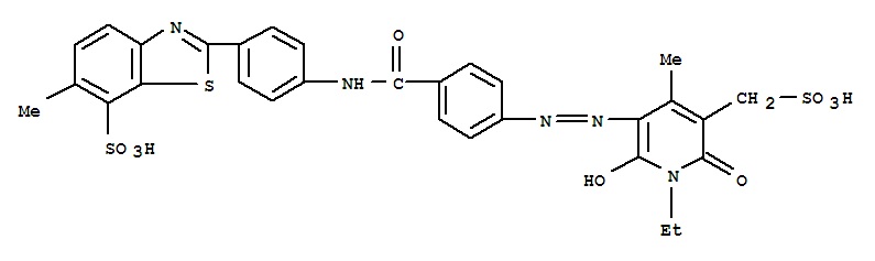 65402-16-6,2-[4-[[4-[[1-ethyl-1,6-dihydro-2-hydroxy-4-methyl-6-oxo-5-(sulphomethyl)-3-pyridyl]azo]benzoyl]amino]phenyl]-6-methylbenzothiazole-7-sulphonic acid,7-Benzothiazolesulfonicacid,2-[4-[[4-[[1-ethyl-1,6-dihydro-2-hydroxy-4-methyl-6-oxo-5-(sulfomethyl)-3-pyridinyl]azo]benzoyl]amino]phenyl]-6-methyl-(9CI)