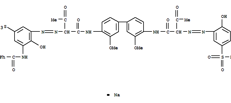 Benzenesulfonic acid,3-(benzoylamino)-4-hydroxy-5-[2-[1-[[[4'-[[2-[2-[2-hydroxy-5-(methylsulfonyl)phenyl]diazenyl]-1,3-dioxobutyl]amino]-3,3'-dimethoxy[1,1'-biphenyl]-4-yl]amino]carbonyl]-2-oxopropyl]