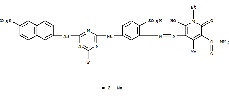 2-Naphthalenesulfonicacid,6-[[4-[[3-[2-[5-(aminocarbonyl)-1-ethyl-1,6-dihydro-2-hydroxy-4-methyl-6-oxo-3-pyridinyl]diazenyl]-4-sulfophenyl]amino]-6-fluoro-1,3,5-triazin-2-yl]amino]-,sodium salt (1:2)
