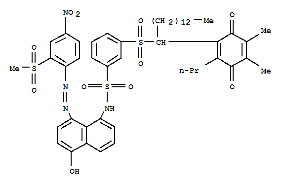 84285-28-9,3-[[1-(4,5-dimethyl-3,6-dioxo-2-propylcyclohexa-1,4-dien-1-yl)tetradecyl]sulphonyl]-N-[5-hydroxy-8-[[2-(methylsulphonyl)-4-nitrophenyl]azo]-1-naphthyl]benzenesulphonamide,Benzenesulfonamide,3-[[1-(4,5-dimethyl-3,6-dioxo-2-propyl-1,4-cyclohexadien-1-yl)tetradecyl]sulfonyl]-N-[5-hydroxy-8-[[2-(methylsulfonyl)-4-nitrophenyl]azo]-1-naphthalenyl]-(9CI)