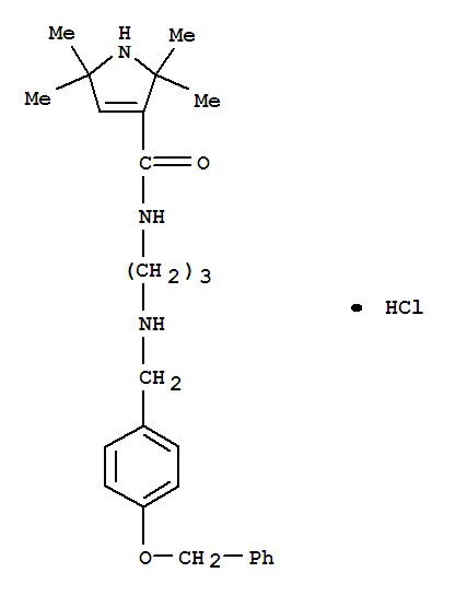 Molecular Structure of 102131-97-5 (1H-Pyrrole-3-carboxamide,2,5-dihydro-2,2,5,5-tetramethyl-N-[3-[[[4-(phenylmethoxy)phenyl]methyl]amino]propyl]-, hydrochloride (1:1))