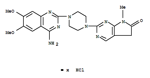 104964-71-8,2-[4-(4-amino-6,7-dimethoxyquinazolin-2-yl)piperazin-1-yl]-7-methyl-5,7-dihydro-6H-pyrrolo[2,3-d]pyrimidin-6-one hydrochloride,6H-Pyrrolo[2,3-d]pyrimidin-6-one,2-[4-(4-amino-6,7-dimethoxy-2-quinazolinyl)-1-piperazinyl]-5,7-dihydro-7-methyl-,hydrochloride (9CI)