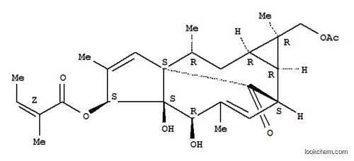 Molecular Structure of 121570-35-2 (2-Butenoicacid, 2-methyl-, (1R,1aR,3R,3aS,6S,6aS,7R,10S,10aR)-1-[(acetyloxy)methyl]-1a,2,3,6,6a,7,10,10a-octahydro-6a,7-dihydroxy-1,3,5,8-tetramethyl-11-oxo-1H-3a,10-methanocyclopenta[a]cyclopropa[e]cyclodecen-6-yl ester, (2Z)-)