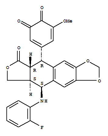 144604-24-0,3,5-Cyclohexadiene-1,2-dione,5-[9-[(2-fluorophenyl)amino]-5,5a,6,8,8a,9-hexahydro-6-oxofuro[3',4':6,7]naphtho[2,3-d]-1,3-dioxol-5-yl]-3-methoxy-, [5R-(5a,5ab,8aa,9b)]- (9CI),Furo[3',4':6,7]naphtho[2,3-d]-1,3-dioxole,3,5-cyclohexadiene-1,2-dione deriv.