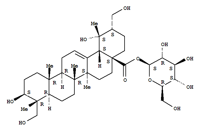 Molecular Structure of 147816-75-9 (Urs-12-en-28-oicacid, 3,19,23,30-tetrahydroxy-, b-D-glucopyranosyl ester, (3b,4a)- (9CI))
