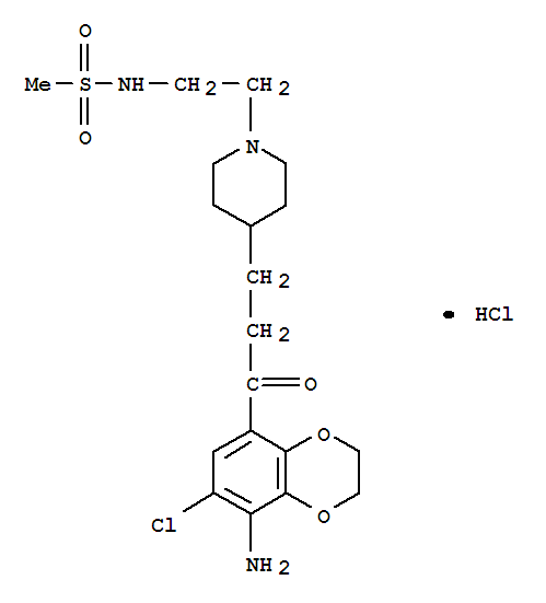 Molecular Structure of 184159-40-8 (Methanesulfonamide,N-[2-[4-[3-(8-amino-7-chloro-2,3-dihydro-1,4-benzodioxin-5-yl)-3-oxopropyl]-1-piperidinyl]ethyl]-,hydrochloride (1:1))