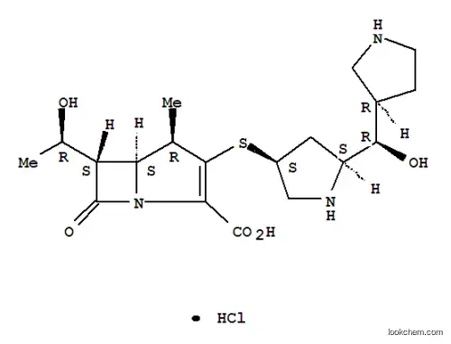 Molecular Structure of 186319-97-1 ((1R,5S,6S)-6-[1(R)-Hydroxymethyl]-2-[2(S)-[1(R)-hydroxy-1-[pyrrolidin-3(R)-yl]methyl]pyrrolidin-4(S)-ylsulfanyl]-1-methyl-1-carba-2-penem-3-carboxylic acid monohydrochloride)