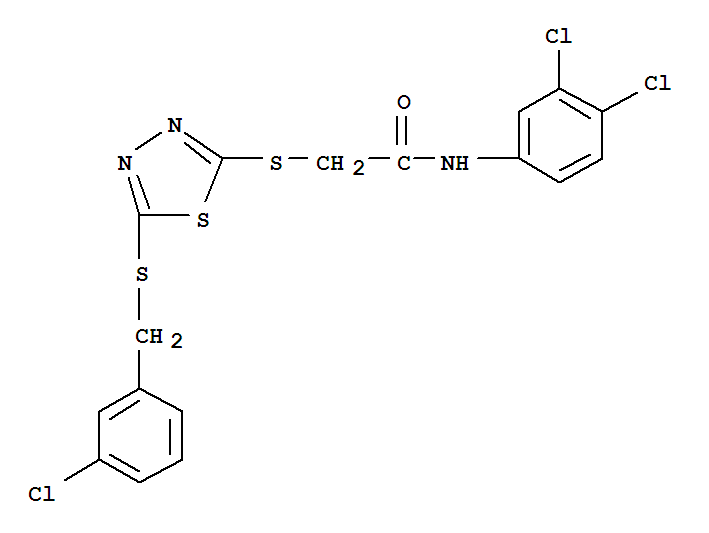 Molecular Structure of 353254-79-2 (Acetamide,2-[[5-[[(3-chlorophenyl)methyl]thio]-1,3,4-thiadiazol-2-yl]thio]-N-(3,4-dichlorophenyl)-)