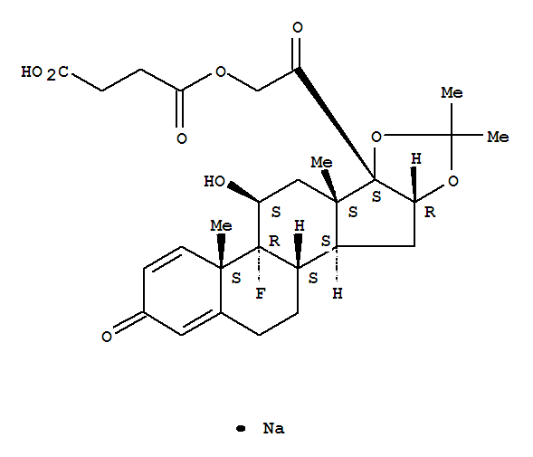 3826-86-6,Pregna-1,4-diene-3,20-dione, 21-(3-carboxy-1-oxopropoxy)-9-fluoro-11-hydroxy-16,17-[(1-methylethylidene)bis(oxy)]-, monosodium salt, (11β,16α)-,Pregna-1,4-diene-3,20-dione,9-fluoro-11b,16a,17,21-tetrahydroxy-, cyclic 16,17-acetal with acetone, 21-(hydrogensuccinate), sodium salt (7CI); 2H-Naphth[2',1':4,5]indeno[1,2-d][1,3]dioxole,pregna-1,4-diene-3,20-dione deriv.