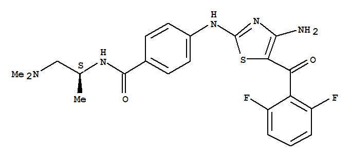Molecular Structure of 486414-36-2 (Benzamide,4-[[4-amino-5-(2,6-difluorobenzoyl)-2-thiazolyl]amino]-N-[(1S)-2-(dimethylamino)-1-methylethyl]-)