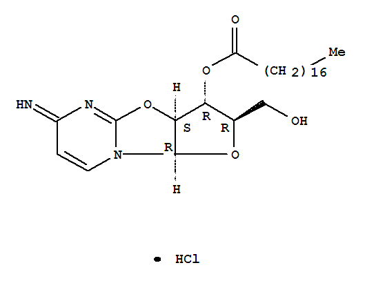 53758-27-3,Octadecanoic acid, 2,3,3a,9a-tetrahydro-2-(hydroxymethyl)-6-imino-6H-furo[2',3':4,5]oxazolo[3,2-a]pyrimidin-3-yl ester, monohydrochloride,[2R-(2a,3b,3ab,9ab)]- (9CI),6H-Furo[2',3':4,5]oxazolo[3,2-a]pyrimidine, octadecanoic acid deriv.;2,2'-Anhydro-1-(3'O-stearoyl-b-D-arabinofuranosyl)cytosinehydrochloride; NSC 281721