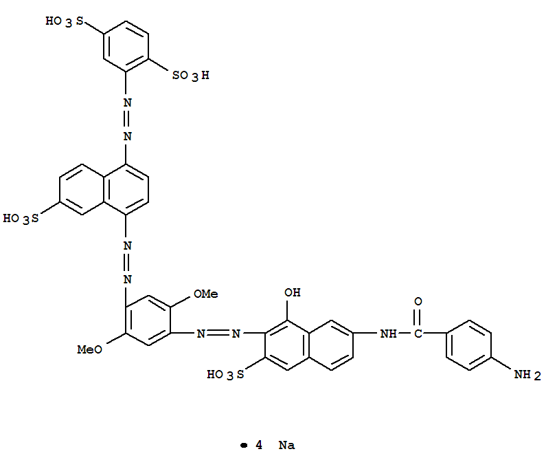 72245-47-7,2-[[4-[[4-[[7-[(4-Aminobenzoyl)amino]-1-hydroxy-3-sulfo-2-naphthalenyl]azo]-2,5-dimethoxyphenyl]azo]-6-sulfo-1-naphthalenyl]azo]-1,4-benzenedisulfonic acid tetrasodium salt,1,4-Benzenedisulfonicacid,2-[[4-[[4-[[7-[(4-aminobenzoyl)amino]-1-hydroxy-3-sulfo-2-naphthalenyl]azo]-2,5-dimethoxyphenyl]azo]-6-sulfo-1-naphthalenyl]azo]-,tetrasodium salt (9CI)