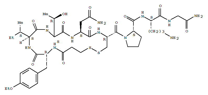 90779-69-4,Atosiban,Oxytocin,1-(3-mercaptopropanoicacid)-2-(O-ethyl-D-tyrosine)-4-L-threonine-8-L-ornithine-;Antocile;Antocin;Antocin II;CAP 449;CAP 476;CAP 581;F 314;ORF 22164;RW22164;RWJ 22164;Tractocil;Tractocile;Atosiban Acetate;