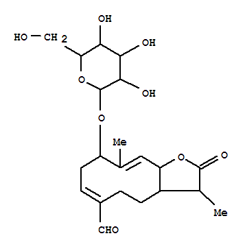 Molecular Structure of 106009-43-2 (Cyclodeca[b]furan-6-carboxaldehyde,9-(b-D-glucopyranosyloxy)-2,3,3a,4,5,8,9,11a-octahydro-3,10-dimethyl-2-oxo-,(3S,3aS,6E,9S,10E,11aS)- (9CI))