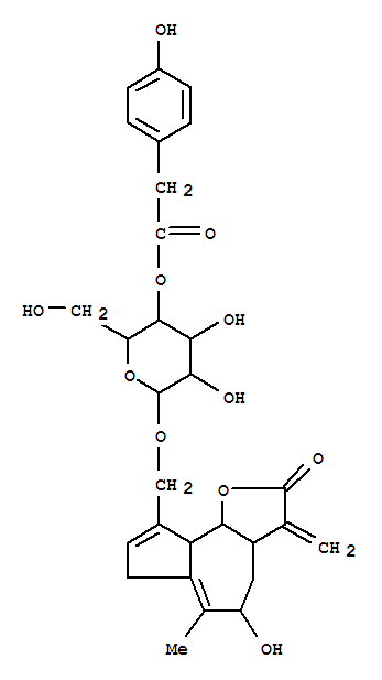 Molecular Structure of 106235-36-3 (Azuleno[4,5-b]furan-2(3H)-one,3a,4,5,7,9a,9b-hexahydro-5-hydroxy-9-[[[4-O-[(4-hydroxyphenyl)acetyl]-b-D-glucopyranosyl]oxy]methyl]-6-methyl-3-methylene-,(3aS,5R,9aR,9bS)- (9CI))