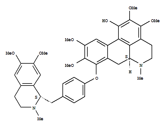 Molecular Structure of 107019-96-5 (4H-Dibenzo[de,g]quinolin-1-ol,5,6,6a,7-tetrahydro-2,3,9,10-tetramethoxy-6-methyl-8-[4-[[(1S)-1,2,3,4-tetrahydro-6,7-dimethoxy-2-methyl-1-isoquinolinyl]methyl]phenoxy]-,(6aS)-)