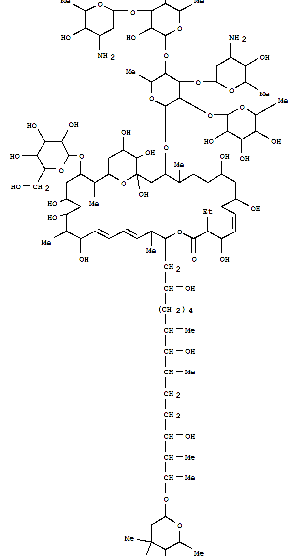 Molecular Structure of 107021-77-2 (16,35-Dioxabicyclo[29.3.1]pentatriaconta-11,19,21-trien-15-one,3-[[O-3-amino-2,3,6-trideoxy-b-D-arabino-hexopyranosyl-(1®3)-O-[O-3-amino-2,3,6-trideoxy-b-D-arabino-hexopyranosyl-(1®3)-O-6-deoxy-b-D-glucopyranosyl-(1®4)]-O-[6-deoxy-b-D-glucopyranosyl-(1®2)]-6-deoxy-b-D-glucopyranosyl]oxy]-17-[14-[(3-amino-2,3,6-trideoxy-3-C-methyl-a-L-lyxo-hexopyranosyl)oxy]-2,8,12-trihydroxy-7,9,13-trimethylpentadecyl]-14-ethyl-29-(b-D-glucopyranosyloxy)-1,7,9,13,23,25,27,33,34-nonahydroxy-4,18,24,30-tetrame)