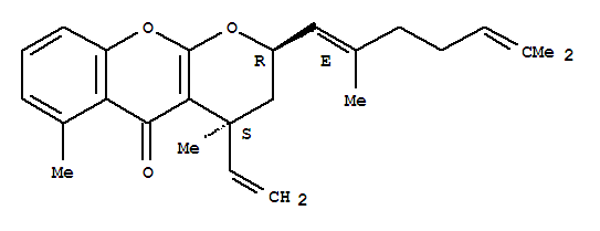 Molecular Structure of 107196-12-3 (2H,5H-Pyrano[2,3-b][1]benzopyran-5-one,2-[(1E)-2,6-dimethyl-1,5-heptadienyl]-4-ethenyl-3,4-dihydro-4,6-dimethyl-,(2R,4S)- (9CI))