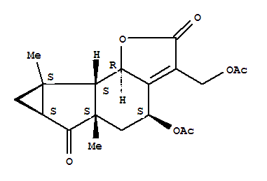 Molecular Structure of 107352-86-3 (Cycloprop[2,3]indeno[4,5-b]furan-2,6(4H,6aH)-dione,4-(acetyloxy)-3-[(acetyloxy)methyl]-5,5a,7,7a,7b,7c-hexahydro-5a,7a-dimethyl-,(4S,5aS,6aS,7aS,7bS,7cR)- (9CI))