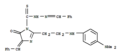 Molecular Structure of 109901-83-9 (1H-Imidazole-1-carbothioicacid,2-[2-[[4-(dimethylamino)phenyl]amino]ethyl]-4,5-dihydro-5-oxo-4-(phenylmethylene)-,2-(phenylmethylene)hydrazide)