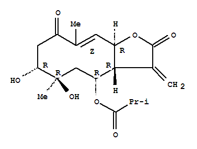 110397-67-6,Propanoic acid,2-methyl-,(3aR,4R,6R,7R,10Z,11aR)-2,3,3a,4,5,6,7,8,9,11a-decahydro-6,7-dihydroxy-6,10-dimethyl-3-methylene-2,9-dioxocyclodeca[b]furan-4-ylester,Propanoicacid, 2-methyl-,2,3,3a,4,5,6,7,8,9,11a-decahydro-6,7-dihydroxy-6,10-dimethyl-3-methylene-2,9-dioxocyclodeca[b]furan-4-ylester, [3aR-(3aR*,4R*,6R*,7R*,10Z,11aR*)]-; Cyclodeca[b]furan, propanoic acidderiv.; Resinosolide