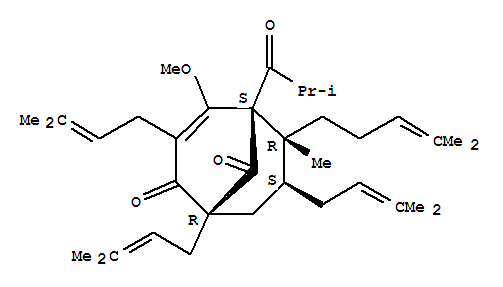 Molecular Structure of 11079-57-5 (Bicyclo[3.3.1]non-3-ene-2,9-dione,4-methoxy-6-methyl-1,3,7-tris(3-methyl-2-buten-1-yl)-5-(2-methyl-1-oxopropyl)-6-(4-methyl-3-penten-1-yl)-,(1R,5S,6R,7S)-)