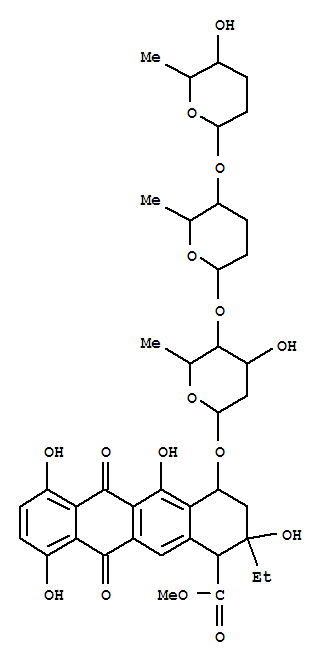 Molecular Structure of 111233-39-7 (1-Naphthacenecarboxylicacid,4-[[2,6-dideoxy-4-O-[(2S,5S,6S)-tetrahydro-6-methyl-5-[[(2S,5S,6S)-tetrahydro-5-hydroxy-6-methyl-2H-pyran-2-yl]oxy]-2H-pyran-2-yl]-a-L-lyxo-hexopyranosyl]oxy]-2-ethyl-1,2,3,4,6,11-hexahydro-2,5,7,10-tetrahydroxy-6,11-dioxo-,methyl ester, (1R,2R,4S)- (9CI))