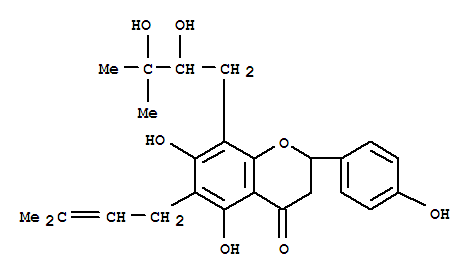 Molecular Structure of 111545-12-1 (4H-1-Benzopyran-4-one,8-(2,3-dihydroxy-3-methylbutyl)-2,3-dihydro-5,7-dihydroxy-2-(4-hydroxyphenyl)-6-(3-methyl-2-butenyl)-(9CI))