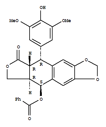 Molecular Structure of 111712-28-8 (Furo[3',4':6,7]naphtho[2,3-d]-1,3-dioxol-6(5aH)-one,9-(benzoyloxy)-5,8,8a,9-tetrahydro-5-(4-hydroxy-3,5-dimethoxyphenyl)-,(5R,5aR,8aR,9S)-)
