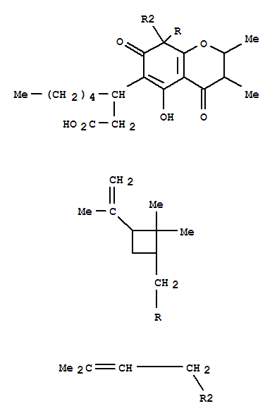Molecular Structure of 112642-41-8 (2H-1-Benzopyran-6-propanoicacid,8-[[2,2-dimethyl-3-(1-methylethenyl)cyclobutyl]methyl]-3,4,7,8-tetrahydro-5-hydroxy-2,3-dimethyl-8-(3-methyl-2-butenyl)-4,7-dioxo-b-pentyl- (9CI))