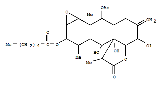 Molecular Structure of 114094-31-4 (Hexanoic acid,(1aR,1bS,2S,6S,6aR,9R,9aR,10S,10aS,11R,12S,12aS)-2-(acetyloxy)-6-chlorohexadecahydro-9a,10-dihydroxy-1b,9,11-trimethyl-5-methylene-8-oxooxireno[3',4']benzo[1',2':4,5]cyclodeca[1,2-b]furan-12-ylester, rel-(-)- (9CI))