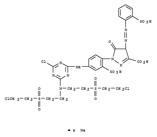 114492-67-0,sodium 1-[4-[[4-[bis[2-(2-chloroethylsulfonyl)ethyl]amino]-6-chloro-1,3,5-triazin-2-yl]amino]-2-sulfo-phenyl]-5-oxo-4-(2-sulfophenyl)azo-4H-pyrazole-3-carboxylate,1H-Pyrazole-3-carboxylicacid,1-[4-[[4-[bis[2-[(2-chloroethyl)sulfonyl]ethyl]amino]-6-chloro-1,3,5-triazin-2-yl]amino]-2-sulfophenyl]-4,5-dihydro-5-oxo-4-[(2-sulfophenyl)azo]-,sodium salt (9CI)