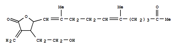 114728-06-2,(4S,5S)-5-[(1E,5E)-2,6-dimethyl-10-oxoundeca-1,5-dien-1-yl]-4-(2-hydroxyethyl)-3-methylidenedihydrofuran-2(3H)-one,2(3H)-Furanone,5-(2,6-dimethyl-10-oxo-1,5-undecadienyl)dihydro-4-(2-hydroxyethyl)-3-methylene-,[4S-[4a,5a(1E,5E)]]-; 2(3H)-Furanone,5-[(1E,5E)-2,6-dimethyl-10-oxo-1,5-undecadienyl]dihydro-4-(2-hydroxyethyl)-3-methylene-,(4S,5S)- (9CI); (-)-Mayolide A; Mayolide A