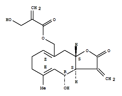 114927-44-5,2-Propenoic acid,2-(hydroxymethyl)-,[(3aS,4R,5E,9Z,11aS)-2,3,3a,4,7,8,11,11a-octahydro-4-hydroxy-6-methyl-3-methylene-2-oxocyclodeca[b]furan-10-yl]methylester,2-Propenoicacid, 2-(hydroxymethyl)-,(2,3,3a,4,7,8,11,11a-octahydro-4-hydroxy-6-methyl-3-methylene-2-oxocyclodeca[b]furan-10-yl)methylester, [3aS-(3aR*,4S*,5E,9Z,11aR*)]-; Cyclodeca[b]furan, 2-propenoic acidderiv.; Gochnatolide