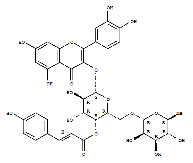Molecular Structure of 115713-35-4 (4H-1-Benzopyran-4-one,3-[[6-O-(6-deoxy-a-L-mannopyranosyl)-4-O-[(2E)-3-(4-hydroxyphenyl)-1-oxo-2-propen-1-yl]-b-D-galactopyranosyl]oxy]-2-(3,4-dihydroxyphenyl)-5,7-dihydroxy-)