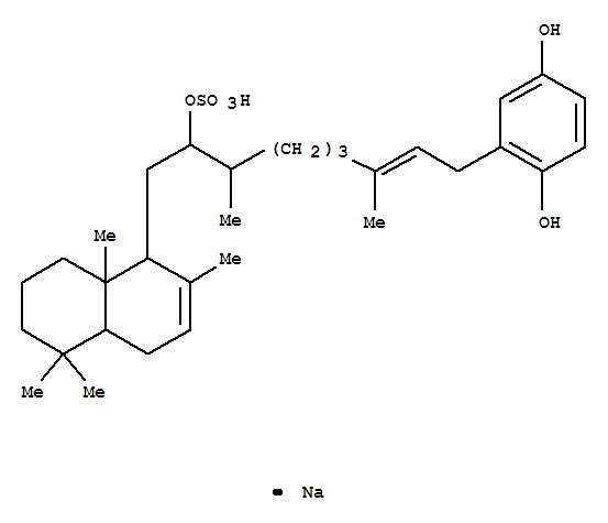 Molecular Structure of 116302-38-6 (1,4-Benzenediol,2-[(2E,7R,8R)-3,7-dimethyl-9-[(1S,4aS,8aS)-1,4,4a,5,6,7,8,8a-octahydro-2,5,5,8a-tetramethyl-1-naphthalenyl]-8-(sulfooxy)-2-nonen-1-yl]-,sodium salt (1:1), rel-)