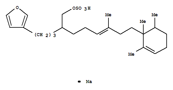 Molecular Structure of 116302-39-7 (3-Furanpentanol, b-[(3E)-4-methyl-6-[(1R,6S)-1,2,6-trimethyl-2-cyclohexen-1-yl]-3-hexenyl]-,3-(hydrogen sulfate), sodium salt (1:1), rel-)