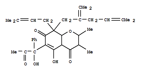 Molecular Structure of 116446-48-1 (2H-1-Benzopyran-4,7(3H,4aH)-dione,8,8a-dihydro-5-hydroxy-6-(1-hydroxy-2-oxo-1-phenylpropyl)-2,3-dimethyl-8-(3-methyl-2-butenyl)-8-[5-methyl-2-(1-methylethylidene)-4-hexenyl]-(9CI))