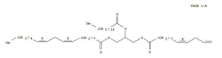 2190-16-1,9,12-Octadecadienoicacid (9Z,12Z)-, 1,1'-[2-[(1-oxohexadecyl)oxy]-1,3-propanediyl] ester,9,12-Octadecadienoicacid (9Z,12Z)-, 2-[(1-oxohexadecyl)oxy]-1,3-propanediyl ester (9CI);9,12-Octadecadienoic acid (Z,Z)-, 2-[(1-oxohexadecyl)oxy]-1,3-propanediylester; Linolein, 2-palmito-1,3-di- (7CI,8CI); 2-Palmito-1,3-dilinolein;Berulide