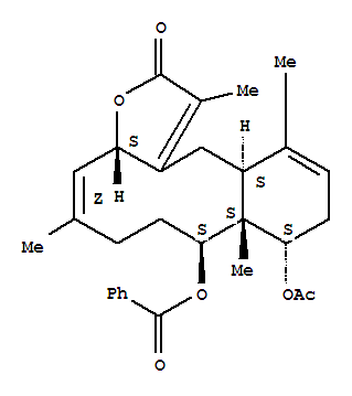 225662-09-9,Benzo[4,5]cyclodeca[1,2-b]furan-2(3aH)-one,9-(acetyloxy)-8-(benzoyloxy)-6,7,8,8a,9,10,12a,13-octahydro-1,5,8a,12-tetramethyl-,(3aS,4Z,8S,8aS,9S,12aS)-,MalayenolideA