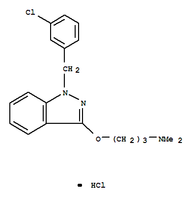 2283-14-9,3-{[1-(3-chlorobenzyl)-1H-indazol-3-yl]oxy}-N,N-dimethylpropan-1-amine hydrochloride (1:1),1-Propanamine,3-[[1-[(3-chlorophenyl)methyl]-1H-indazol-3-yl]oxy]-N,N-dimethyl-,monohydrochloride (9CI); 1H-Indazole,1-(m-chlorobenzyl)-3-[3-(dimethylamino)propoxy]-, monohydrochloride (8CI)