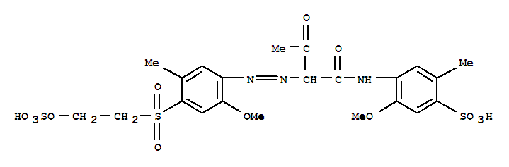 23807-34-3,5-Methoxy-4-[[2-[[2-methoxy-5-methyl-4-[[2-(sulfooxy)ethyl]sulfonyl]phenyl]azo]-1,3-dioxobutyl]amino]-2-methylbenzenesulfonic acid,Benzenesulfonicacid,5-methoxy-4-[[2-[[2-methoxy-5-methyl-4-[[2-(sulfooxy)ethyl]sulfonyl]phenyl]azo]-1,3-dioxobutyl]amino]-2-methyl-(9CI); o-Toluenesulfonic acid,4-[2-[[4-[(2-hydroxyethyl)sulfonyl]-6-methoxy-m-tolyl]azo]acetoacetamido]-5-methoxy-,hydrogen sulfate (ester) (8CI)