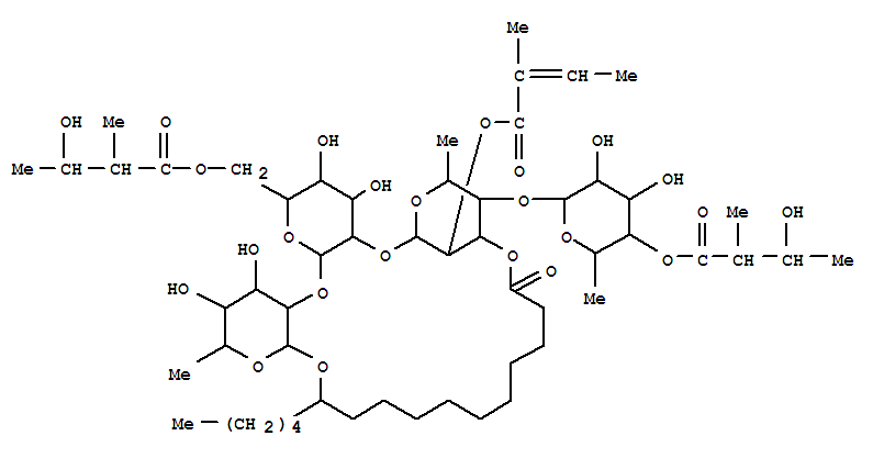 Molecular Structure of 101395-01-1 (Hexadecanoic acid,11-[[O-6-deoxy-4-O-[(2S,3S)-3-hydroxy-2-methyl-1-oxobutyl]-b-D-glucopyranosyl-(1®4)-O-6-deoxy-2-O-[(2E)-2-methyl-1-oxo-2-butenyl]-a-L-mannopyranosyl-(1®2)-O-6-O-[(2S,3S)-3-hydroxy-2-methyl-1-oxobutyl]-b-D-glucopyranosyl-(1®2)-6-deoxy-b-D-galactopyranosyl]oxy]-,intramol. 1,3'''-ester, (11R)- (9CI))