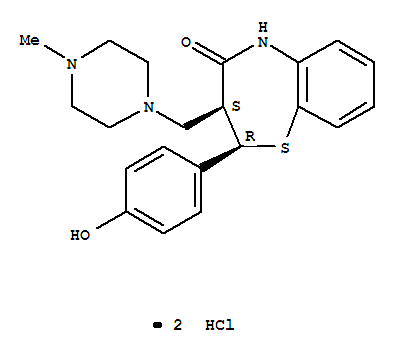 104683-53-6,1,5-Benzothiazepin-4(5H)-one,2,3-dihydro-2-(4-hydroxyphenyl)-3-[(4-methyl-1-piperazinyl)methyl]-,dihydrochloride, (2R,3S)-rel-(-)- (9CI),1,5-Benzothiazepin-4(5H)-one,2,3-dihydro-2-(4-hydroxyphenyl)-3-[(4-methyl-1-piperazinyl)methyl]-,dihydrochloride, cis-(-)-; BTM 1092